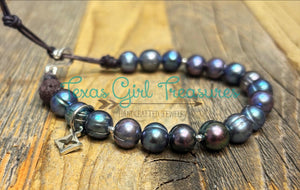 White Freshwater and Tahitian Pearls and leather bracelets