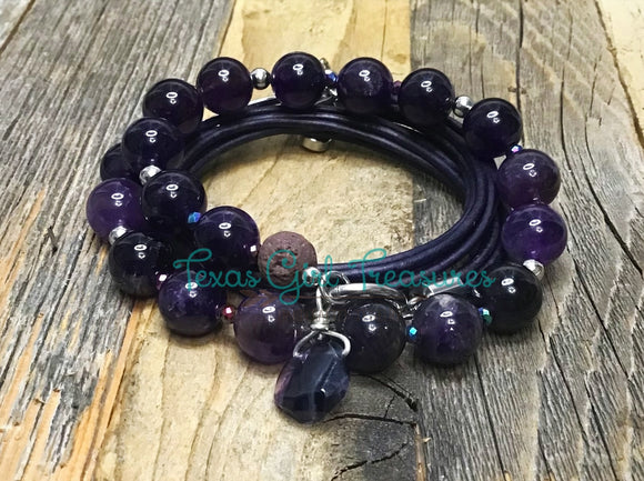 Amethyst leather wrap diffuser bracelet