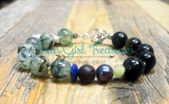 Prehnite  - Adjustable diffuser bracelet with assorted gemstones