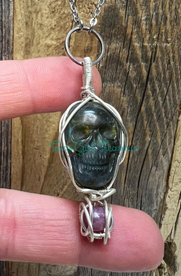 Labradorite Skull and Pink Sapphire Diffuser Necklace