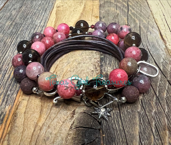 Rhodonite leather wrap diffuser bracelet