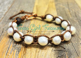White Freshwater and Tahitian Pearls and leather bracelets