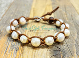 White Freshwater and Tahitian Pearls and leather bracelets