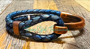 Leather Cuff bracelets - Blue Braided Leather