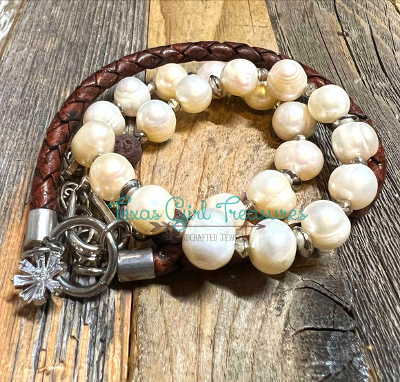 Freshwater Pearl leather wrap diffuser bracelets
